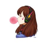  1girl artist_name bangs bodysuit brown_eyes brown_hair bubble_blowing bubblegum d.va_(overwatch) facepaint facial_mark from_side gum headphones huang_ting long_hair overwatch profile simple_background solo whisker_markings white_background 