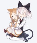  &gt;_&lt; &gt;o&lt; 2girls ^_^ ^o^ animal_ears blush_stickers braid brown_hair cat_ears closed_eyes dress fang food hamburger hibanar hug hug_from_behind kaburi_chiko mary_janes mimi_pearlbaton multiple_girls original pantyhose re:zero_kara_hajimeru_isekai_seikatsu shoes silver_hair simple_background sitting smile tail wariza white_background white_legwear 