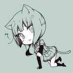  1girl :3 animal_ears arm_warmers bangs bell cat_ears cat_tail jingle_bell kantai_collection kasumi_(kantai_collection) kemonomimi_mode kneehighs kouji_(campus_life) monochrome open_mouth ponytail short_sleeves side_ponytail simple_background sketch skirt slit_pupils solo suspenders tail 