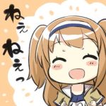 1girl :d ^_^ ^o^ brown_hair closed_eyes commentary_request engiyoshi eyebrows eyebrows_visible_through_hair hairband i-26_(kantai_collection) kantai_collection long_hair open_mouth orange_background smile solo swimsuit swimsuit_under_clothes translated twintails 
