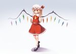  1girl arms_behind_back ascot bat_wings blonde_hair crystal flandre_scarlet full_body gradient gradient_background hat hat_ribbon long_hair mary_janes mob_cap oukatihiro ribbon shoes side_ponytail skirt skirt_set sleeveless solo touhou wings 