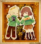  1boy androgynous artist_name asriel_dreemurr barefoot blush_stickers boots brown_hair brown_pants brown_shorts chara_(undertale) closed_eyes floral_background flower flower_wreath flowey_(undertale) frame green_shirt green_sweater jewelry knife locket long_sleeves moyo_(amaniwa) pants pendant plant puffy_long_sleeves puffy_sleeves red_eyes shirt short_hair shorts smile spoilers star undertale vines 