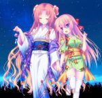  2girls blue_eyes bow closed_eyes cowboy_shot floral_print flower_knight_girl haineko_(die_verschwand) hair_bow hanamizuki_(flower_knight_girl) holding_hands japanese_clothes kimono long_hair multiple_girls pink_hair red_bow sash smile standing standing_on_one_leg thigh-highs ume_(flower_knight_girl) white_legwear yukata 