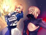  2girls ahoge aqua_eyes armor back black_dress blonde_hair breasts dark_persona dress excalibur fate/stay_night fate_(series) gauntlets highres holding holding_sword holding_weapon melon22 multiple_girls open_mouth saber saber_alter sideboob sword teeth weapon yellow_eyes 