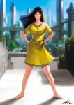  bare_legs barefoot black_hair building city dress earrings fantasy hands_on_hips highres jewelry long_hair one_piece original short_dress skyscraper summer traditional_clothes 