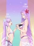  2girls bikini blush bracelet breast_envy breasts commentary_request euryale facial_mark fate/hollow_ataraxia fate/stay_night fate_(series) flower forehead_mark from_side hair_flower hair_ornament height_difference hibiscus jakunikukyoushoku jewelry long_hair multiple_girls nail_polish number open_mouth pointing purple_hair purple_nails rider rose sarong siblings sisters swimsuit teeth twintails very_long_hair violet_eyes white_rose 