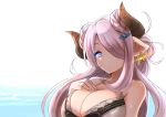  1girl :o alternate_hairstyle bare_shoulders bikini blue_eyes braid breasts butterfly butterfly_earrings collarbone doraf double_bun earrings granblue_fantasy hair_ornament hand_on_own_chest horns jewelry large_breasts long_hair looking_at_viewer luse_maonang narumeia_(granblue_fantasy) parted_lips pointy_ears purple_hair solo swimsuit upper_body water white_bikini 