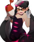  1girl akuan_(7jackpot7) aori_(splatoon) arms_up black_dress black_hair bow breasts cleavage commentary_request domino_mask dress earrings fangs food food_themed_hair_ornament gloves hair_bow hair_ornament holding holding_weapon jewelry luna_blaster_(splatoon) mask medium_breasts no_legwear open_mouth pointy_ears sketch smile solo sparkle splatoon star star-shaped_pupils strapless strapless_dress sushi symbol-shaped_pupils weapon white_background white_gloves yellow_eyes 