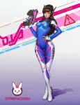  1girl ;) absurdres acronym artist_name bangs bodysuit boots bracer breasts breasts_apart brown_eyes brown_hair bunny_print character_name charm_(object) copyright_name crossed_legs d.va_(overwatch) emblem facepaint facial_mark full_body gloves gun hand_on_hip hand_up handgun headphones highres holding holding_gun holding_weapon legs_together lips lipstick logo long_hair long_sleeves makeup medium_breasts mosh_fink one_eye_closed overwatch pauldrons pilot_suit pink_lips pink_lipstick ribbed_bodysuit shoulder_pads skin_tight smile solo standing thigh-highs thigh_boots thigh_gap thigh_strap turtleneck weapon whisker_markings white_boots white_gloves 