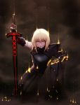  1girl amase_(yagami666) armor blonde_hair dark_excalibur dissolving_clothes fate/grand_order fate/stay_night fate_(series) highres planted_sword planted_weapon saber saber_alter short_hair solo sword weapon yellow_eyes 