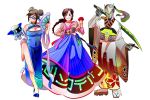  1boy 2girls alternate_hairstyle bare_legs blue_dress braid breasts china_dress chinese_clothes cleavage cleavage_cutout cyborg d.va_(overwatch) double_bun dress fan flat_chest folding_fan genji_(overwatch) geta glasses grin japanese_clothes kimono korean_clothes large_breasts long_hair mei_(overwatch) multiple_girls mundal overwatch purple-framed_eyewear robot semi-rimless_glasses shawl side_slit sidelocks single_braid smile traditional_clothes under-rim_glasses whisker_markings 