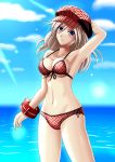  1girl absurdres alisa_ilinichina_amiella beach bikini blue_eyes blue_sky blush breasts clouds god_eater god_eater_burst hat highres large_breasts long_hair looking_at_viewer silver_hair sky solo swimsuit 