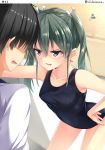  &gt;:d 1boy 1girl :d alternate_costume bent_over black_hair collarbone commentary contemporary faucet green_hair grey_eyes hair_ribbon hino_(2nd_life) kantai_collection long_hair open_mouth ribbon school_swimsuit smile swimsuit twintails twitter_username wet wet_clothes zuikaku_(kantai_collection) 