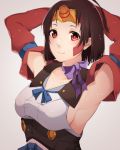  1girl akuan_(7jackpot7) armpits arms_behind_head bangs beige_background bow breasts brown_eyes brown_hair commentary_request detached_sleeves forehead_protector koutetsujou_no_kabaneri looking_at_viewer medium_breasts mumei_(kabaneri) nontraditional_miko smile solo upper_body 