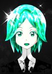1other absurdres androgynous gem_uniform_(houseki_no_kuni) green_eyes green_hair highres houseki_no_kuni looking_at_viewer looking_back md5_mismatch open_mouth phosphophyllite shards shirt simple_background smile solo the_only_shoe the_shoe white_shirt