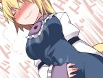  1girl animal_ears blush breasts closed_eyes commentary fox_ears fox_tail hammer_(sunset_beach) hand_on_own_stomach medium_breasts puffy_sleeves short_hair smile solo tabard tail touhou translated yakumo_ran 