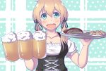  1girl :d alcohol alternate_costume anchor_hair_ornament aqua_eyes beer beer_mug breasts carrying cleavage collarbone commentary_request dirndl german_clothes germany hair_ornament highres kantai_collection light_brown_hair long_hair looking_at_viewer open_mouth potato prinz_eugen_(kantai_collection) sausage smile solo twintails yukimi_unagi zanshomimai 