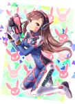  1girl 2016 :3 acronym alternate_eye_color artist_name bangs blush bodysuit boots bracer breasts brown_hair bunny_print charm_(object) closed_mouth covered_navel d.va_(overwatch) dated eyebrows eyebrows_visible_through_hair facepaint facial_mark full_body gloves gun handgun hands_up headphones holding holding_gun holding_weapon kneeling long_hair long_sleeves looking_at_viewer medium_breasts overwatch pauldrons pilot_suit ribbed_bodysuit shoulder_pads skin_tight smile solo thigh-highs thigh_boots thigh_strap turtleneck violet_eyes weapon whisker_markings white_boots white_gloves zenyu 