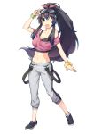  1girl black_hair fang female gebyy-terar goggles goggles_on_head green_eyes long_hair midriff off_shoulder one_eye_closed ponytail simple_background solo 