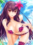  1girl absurdres bikini breasts fate/grand_order fate_(series) flower hair_flower hair_ornament highres large_breasts leaning_forward long_hair looking_at_viewer nez-kun parted_lips purple_hair red_eyes scathach_(fate/grand_order) solo swimsuit water 