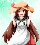  &gt;:o 1girl :o animal_ears brooch brown_hair commentary_request dress fangs hands_on_headwear hat hat_ribbon imaizumi_kagerou jewelry jyakariko long_hair looking_at_viewer multicolored_dress open_mouth red_eyes red_ribbon ribbon solo sun_hat touhou very_long_hair wide_sleeves wolf_ears wolf_girl 