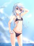  1girl akabane_hibame ass_visible_through_thighs bikini black_bikini blue_eyes blurry bottle breasts collarbone depth_of_field eyebrows eyebrows_visible_through_hair groin hair_between_eyes head_tilt hibiki_(kantai_collection) holding holding_bottle kantai_collection long_hair navel number outdoors silver_hair sky small_breasts standing sweat swimsuit twitter_username verniy_(kantai_collection) water water_bottle 