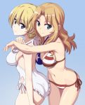  2girls american_flag_bikini bikini blonde_hair blue_eyes breasts casual_one-piece_swimsuit darjeeling flag_print frilled_swimsuit frills girls_und_panzer hug hug_from_behind kay_(girls_und_panzer) large_breasts long_hair multiple_girls nanashino one-piece_swimsuit swimsuit 