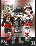 3girls admiral_paru anchor bismarck_(kantai_collection) black_gloves black_legwear blonde_hair brown_eyes brown_gloves brown_hair budget_sarashi c: capelet commentary detached_sleeves glasses gloves hat headgear kantai_collection long_hair looking_at_viewer multiple_girls musashi_(kantai_collection) navel peaked_cap pince-nez pleated_skirt red_eyes roma_(kantai_collection) sarashi short_hair silver_hair skirt smile tan thigh-highs two_side_up violet_eyes younger zettai_ryouiki 