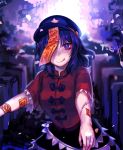  1girl blue_eyes blue_hair hat highres licking_lips looking_at_viewer miyako_yoshika ofuda one_eye_covered outstretched_arms scar smile solo star stitches tis_(shan0x0shan) tongue tongue_out touhou upper_body zombie_pose 