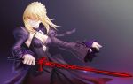  1girl blonde_hair breasts cleavage cowboy_shot dark_excalibur dress fate/stay_night fate_(series) grey_background long_sleeves medium_breasts saber saber_alter sideboob solo sword weapon yellow_eyes 