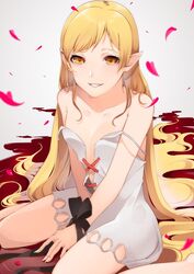  1girl akuan_(7jackpot7) bangs bare_legs barefoot between_legs black_ribbon blonde_hair blood blood_on_ground bound bound_wrists breasts cleavage_cutout commentary_request dress fangs hand_between_legs heart highres kiss-shot_acerola-orion_heart-under-blade kizumonogatari long_hair monogatari_(series) pointy_ears ribbon shadow sitting sketch small_breasts smile solo spaghetti_strap strap_slip very_long_hair wariza wrist_ribbon yellow_eyes 