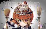  1boy 1girl animal_ears aqua_eyes aqua_hair aqua_hat bat blonde_hair blue_eyes blue_hat blue_scarf brown_eyes brown_hat building closed_mouth fangs fusion ghost green_eyes hair_ornament hairclip hat helmet heterochromia highres holding_fork jack-o&#039;-lantern kagamine_len kagamine_rin looking_at_viewer mini_hat mini_top_hat monocle necktie nou oversized_object parted_lips pink_hat portrait red_eyes red_necktie scarf slit_pupils smile stuffed_animal stuffed_toy teddy_bear top_hat twintails vocaloid 