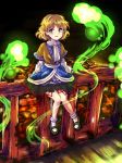  1girl :d arm_support arm_warmers black_shoes blonde_hair bobby_socks bridge green_eyes happy highres japanese_clothes knees_together_feet_apart looking_at_viewer mary_janes mizuhashi_parsee open_mouth pigeon-toed pointy_ears robe scarf shoes short_hair skirt smile socks solo touhou uranaishi_(miraura) white_legwear white_scarf 