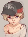  1girl alice_(fatal_fury) baseball_cap blonde_hair blue_eyes copyright_name fatal_fury grey_background hat highres norasuko portrait short_hair simple_background solo the_king_of_fighters the_king_of_fighters_xiv younger 