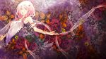  1girl collarbone covered_navel dress flower guilty_crown hair_ornament highres long_hair looking_at_viewer pink_hair red_ribbon redjuice ribbon see-through solo white_dress yuzuriha_inori 