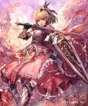  1girl absurdres blonde_hair blue_eyes detached_sleeves dress gauntlets hair_ornament highres holding holding_sword holding_weapon jpeg_artifacts looking_at_viewer open_mouth pink_dress shield shingeki_no_bahamut short_hair solo sword tachikawa_mushimaro weapon 