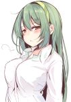  1girl blush breasts green_hair haegiwa hairband half-closed_eyes large_breasts long_hair looking_at_viewer parted_lips shirt simple_background sketch solo touhoku_zunko upper_body vocaloid voiceroid white_shirt yellow_eyes 