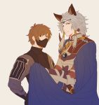  2boys alternate_costume animal_ears armor brown_eyes brown_hair cape covered_mouth erun_(granblue_fantasy) eyebrows eyebrows_visible_through_hair gran_(granblue_fantasy) granblue_fantasy hair_tubes hand_on_hip looking_at_viewer male_focus mouth multiple_boys ninja_(granblue_fantasy) ponytail seruel silver_hair 