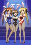  3girls animal_ears arm_strap artist_request bare_shoulders blonde_hair blue_eyes blush bow bowtie breasts brown_hair bunny_girl bunny_tail bunnysuit cleavage detached_collar fake_animal_ears fate_testarossa female fishnet_pantyhose fishnets hand_on_another&#039;s_hip hand_on_another&#039;s_shoulder hand_on_hip high_heels highres leotard long_hair lyrical_nanoha mahou_shoujo_lyrical_nanoha_strikers multiple_girls necktie open_mouth pantyhose rabbit_ears redhead short_hair source_request tail takamachi_nanoha twintails wrist_cuffs yagami_hayate 
