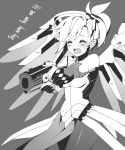  1girl armor atobesakunolove bangs black_gloves blush bodysuit breastplate breasts cowboy_shot english eyebrows eyebrows_visible_through_hair faulds flustered gloves grey_background gun handgun hands_up headgear holding holding_gun holding_weapon loincloth long_hair mechanical_halo mechanical_wings medium_breasts mercy_(overwatch) open_mouth overwatch pantyhose pelvic_curtain ponytail simple_background solo spread_wings teardrop tearing_up tears teeth turtleneck weapon wings 