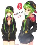  1girl ass ass_visible_through_thighs backwards_hat baseball_cap breasts bubblegum c.c. casual chewing_gum cleavage code_geass cowboy_shot creayus dual_persona green_hair hands_in_pockets hat highres hood hooded_track_jacket hoodie jacket jewelry long_hair looking_at_viewer multiple_views naked_hoodie open_clothes track_jacket translation_request twitter_username yellow_eyes 
