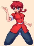  1girl average-hanzo blue_eyes blue_pants braid breasts chinese_clothes genderswap genderswap_(mtf) long_hair medium_breasts open_mouth pants ranma-chan ranma_1/2 redhead saotome_ranma short_hair simple_background single_braid sleeves_folded_up solo tangzhuang 