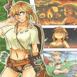  1girl belt boar boned_meat bow_(weapon) burning commentary eating evil_smile fire food forest genderswap genderswap_(mtf) goblin imp link master_sword meat multiple_views nature nintendo pointy_ears quiver running samanator_club shirt short_shorts shorts smile the_legend_of_zelda torch weapon 