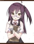 1girl :o ahoge alternate_eye_color bespectacled blouse brown_eyes glasses gloves hagikaze_(kantai_collection) heavens_thunder_(byakuya-part2) kantai_collection letterboxed long_hair looking_at_viewer neck_ribbon object_hug open_mouth purple-framed_eyewear purple_hair red_ribbon ribbon school_uniform side_ponytail simple_background solo twitter_username vest white_background white_blouse white_gloves 