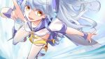  1girl :d aoi_lavender blue_hair collarbone foreshortening looking_to_the_side open_mouth personification sailor_collar smile solo thigh-highs wrist_cuffs yellow_eyes 