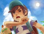 1boy baseball_cap black_hair brown_eyes clouds drooling from_below hat lens_flare male_focus male_protagonist_(pokemon_sm) one_eye_closed palm_tree pokemon pokemon_(creature) pokemon_(game) pokemon_sm rowlet saliva shirt sky striped striped_shirt sweat tree 