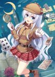  1girl :d blue_eyes blush book card crescent_moon deerstalker detective gun handgun hat hitsuki_rei kuuki_shoujo long_hair looking_at_viewer magnifying_glass moon open_mouth personification playing_card revolver silver_hair skirt smile solo the_personfication_of_atmosphere trench_coat weapon 
