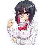  1girl black_hair breast_hold breasts glasses highres large_breasts looking_at_viewer mikan_riji multicolored_hair open_mouth original pink_eyes pink_hair red-framed_eyewear semi-rimless_glasses solo two-tone_hair 