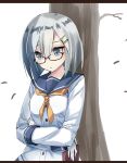  1girl bespectacled blue_eyes crossed_arms eyebrows eyebrows_visible_through_hair glasses gloves grey_hair hair_ornament hair_over_one_eye hairclip hamakaze_(kantai_collection) heavens_thunder_(byakuya-part2) kantai_collection letterboxed long_sleeves looking_down neckerchief red-framed_eyewear school_uniform serafuku short_hair solo tree upper_body white_gloves 
