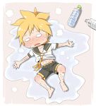  1boy barefoot blonde_hair blush bottle chibi commentary grimay kagamine_len messy_hair navel necktie o_o puddle sailor_collar shorts solo steaming_body sweat sweating_profusely vocaloid water_bottle yellow_necktie 